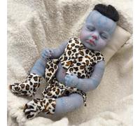 MineeQu Poupée Avatar Loulou 19 Pouces, Corps Plein Vinyle Poupée Reborn, Dormant, Peau Bleue Tachetée, Tenue au Léopard