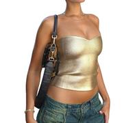 Minetom Bandeau Tube Top Femme Débardeur PU Cuir Tank Tops sans Manches T-Shirt Chemisier Sexy Moulant Élastique Haut Bustier Clubwear A04 Or M