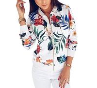 Minetom Blouson Bomber Femme Mode Manteau Mince Biker Moto Zipper Court Fleur Imprimer Veste Chic Printemps Été Blouson Court C Blanc M