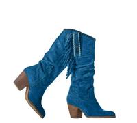 Minetom Bottes Femmes Suède Zipper Franges Bottes Hautes Hiver Vintage Chaussures Talons Bloc Boots Cavalière Mollets C Bleu 36 EU