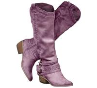 Minetom Bottes Femmes Zipper Bottes Hautes Hiver Cuissardes en Cuir Synthétique Talons Bloc Boots Cavalière Mollets A Violet 38 EU
