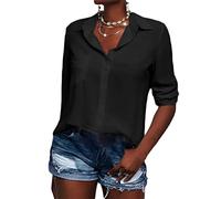 Minetom Chemisier Elégant pour Femme Col en V Manches Longues Blouse avec Boutons Chemise Ample Travail Bureau Tunique Shirt Top Haut A Noir L