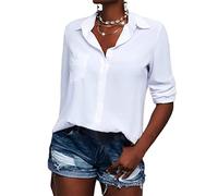 Minetom Chemisier Elégant pour Femme Col en V Manches Longues Blouse avec Boutons Chemise Ample Travail Bureau Tunique Shirt Top Haut 1 A Blanc XXL