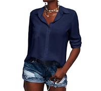 Minetom Chemisier Elégant pour Femme Col en V Manches Longues Blouse avec Boutons Chemise Ample Travail Bureau Tunique Shirt Top Haut A Bleu M