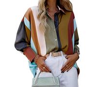 Minetom Chemisier Femme Elégant Col en V Manches Longues Imprimé Blouse avec Boutons Chemise Travail Bureau Tunique Shirt Haut Top E Bleu S