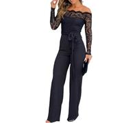 Minetom Combinaison Jumpsuit Femme Elégante Épaules Dénudées Dentelle Overalls Cocktail Soirée Fête Rompers avec Ceinture E Noir XS