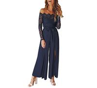 Minetom Combinaison Jumpsuit Femme Elégante Épaules Dénudées Dentelle Overalls Cocktail Soirée Fête Rompers avec Ceinture B Bleu L