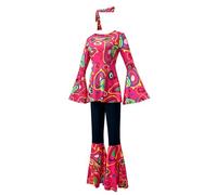 Minetom Costume Deguisement Disco Femme Annee 70 80 Tenue Rétro Survêtement Ensemble Shirt Pantalon Évasé Bandeaux Fête Carnaval Outfit A Rose Vif M