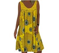 Minetom Dentelle Robe Été Femme de Plage Rétro Robes Col Rond Robes au Genou sans Manches Imprimé Floral Casual Tuniques Ample A Jaune XXL