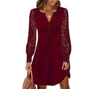 Minetom Dentelle Robe Femmes Élégante Col V Mini Robe de Vacances Plage Soirée Fête Casual Tunique Shirt Robe A Rouge XS