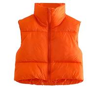 Minetom Doudoune sans Manche Gilet Femme Fermeture Zippé Capuche Amovible Manteau Veste Chaud d'hiver et Printemps Court Parka A Orange XS