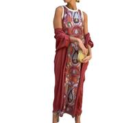 Minetom Ensemble Deux Pièces Robes Femme Élégante Imprimé Floral Cérémonie Soirée Robe Longue avec Cardigan A Rouge XS