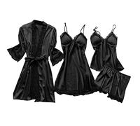 Minetom Ensembles de Pyjama 4 Pièces Femme Satin Peignoir Vêtements de Nuit Dentelle Col V Débardeur et Shorts Robe et Kimono A Noir XL