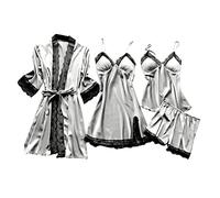 Minetom Ensembles de Pyjama 4 Pièces Femme Satin Peignoir Vêtements de Nuit Dentelle Col V Débardeur et Shorts Robe et Kimono A Gris XXL