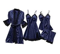 Minetom Ensembles de Pyjama 4 Pièces Femme Satin Peignoir Vêtements de Nuit Dentelle Col V Débardeur et Shorts Robe et Kimono A Marine XL