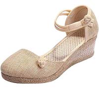 Minetom Espadrille Femme Mode Sandales Compensées Talon Plateforme Lanière Cheville Chic Boucle Sandale Elegantes Talons Hauts Chaussures Beige 34 EU