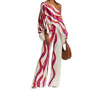 Minetom Femme 2 Pièces Vêtement Elégant Épaules Dénudées Imprimé Manches Longues Haut Top et Pantalon Survêtement Ensemble 2pcs Rose Vif XXL