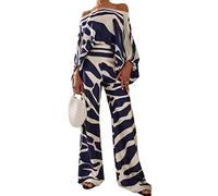 Minetom Femme 2 Pièces Vêtement Elégant Épaules Dénudées Imprimé Manches Longues Haut Top et Pantalon Survêtement Ensemble 2pcs Bleu S