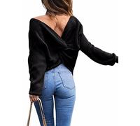 Minetom Femme Automne Hiver Pulls Col V Sexy Croisé Dos Nu en Tricot Chemise Sweater Chandail Tops Pullover Noir One Size