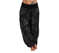 Minetom Femme Bloomers Sarouel Pantalon Fluide Boho Taille Haute Harem Pants Été Imprimé Fleuri Élastiquée Taille Yoga Sport Pants F Noir XXL