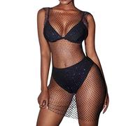 Minetom Femme Blouse Robe Transparente Bikini Cover Up Cache-Maillot Sexy Mini Robe en Strass Soirée Plage Club Robe Bleu M