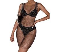 Minetom Femme Blouse Robe Transparente Bikini Cover Up Cache-Maillot Sexy Mini Robe en Strass Soirée Plage Club Robe Noir 1 L