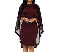Minetom Femme Cape Robe en Mousseline de Soie Elégante Col Rond Crayon Entreprise Cérémonie Cocktail Fête Robes au Genou B Rouge M