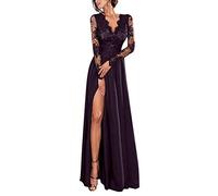 Minetom Femme Dentelle Taille Empire Robe de Soirée Col V Manche Longue Élégante Cocktail Rockabilly Cérémonie Mariage Maxi Dress Noir FR 40