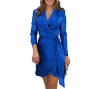 Minetom Femme Élégante Col en V Manches Longues Robe Paillettes Mini Robe de Soirée Mariage Cocktail Chic Cérémonie Robes A Bleu Royal L