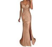 Minetom Femme Élégante Col V Robe à Paillettes sans Manches Longue Maxi Robe de Soirée Mariage Cocktail Demoiselle d'honneur A Or L