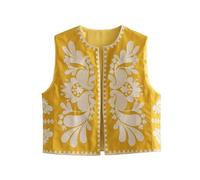 Minetom Femme Floral Brodé Gilet Été Sans Manche Veste Manteau Boho Vintage Broderie Ouvert Devant Gilet Tops D Jaune L