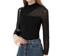 Minetom Femme Mesh T-Shirt à Manches Longues Moulante Elastique Transparente Blouse Col Roulé Soirée Club Chemise Hauts Tops F Noir L