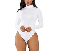 Minetom Femme Mince Body Manche Longue Maillot de Corps Bodysuits Col Haut Sexy Solides Bandage Jumpsuits Tops Chic Shirts Hauts Blanc 34