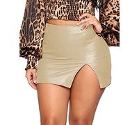 Minetom Femme Mini Jupe Moulante Simili Cuir Mouillé Courte Taille Haute Wetlook Ourlet Fendu PU Jupe De Fête Costume De Club A Beige M