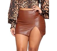 Minetom Femme Mini Jupe Moulante Simili Cuir Mouillé Courte Taille Haute Wetlook Ourlet Fendu PU Jupe De Fête Costume De Club A Marron XL