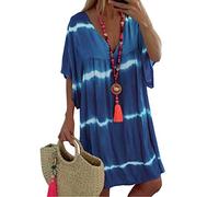 Minetom Femme Mini Robe Ete Bohème Robe de Vacances Robe de Plage Col V Imprimé Vague sans Manches Une Ligne Dress Bikini Cover Up A Bleu FR 48