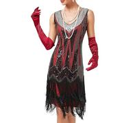 Minetom Femme Paillettes Robe De Cocktail Col V sans Manche Flapper Charleston Vintage Robe De Bal Robe De Soirée Robe pour Années 20 Gatsby B Rouge 3XL
