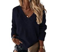 Minetom Femme Pull en Tricot Col en V Pullover Couleur Unie Léger Casual Manches Longues Pull Tricoté Chaud Hauts Chandail Automne Hiver A Marin L