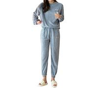 Minetom Femme Pyjama Ensemble Hiver Manche Longue Chaud Doux Toison Polaire Vêtements de Nuit Intérieur Deux Pièces Tops et Pantalon A Bleu 38