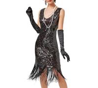 Minetom Femme Robe De Cocktail Paillettes Col V Sans Manche Flapper Charleston Vintage De Bal Soirée Pour Années 20 Gatsby E Noir XXL