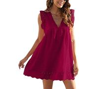 Minetom Femme Robe d'été Californienne avec Poches et Short intégré Couleur Unie Col V Mini Robe Dentelle Creuse Robes à Manches à Volants Robe de Plage A Vin Rouge XXL