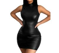 Minetom Femme Sexy sans Manches Mini Robe en Cuir Simili Fête Soirée Cocktail Bodycon Stretch Moulant Dress Clubwear A Noir L
