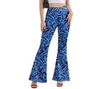 Minetom Femme Taille Haute Pantalon Patte d'elephant Bootcut Flare Évasé Pants Imprimé Années 70 Carnaval Hippie Disco Costume C Bleu XS