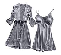 Minetom Femmes 2 Pièces Vêtements de Nuit Sexy Satin Robe de Chambre Kimono avec Ceinture Dentelle Lingerie Longue Peignoir Chemise de Nuit A Gris FR 34
