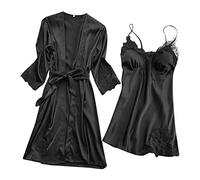Minetom Femmes 2 Pièces Vêtements de Nuit Sexy Satin Robe de Chambre Kimono avec Ceinture Dentelle Lingerie Longue Peignoir Chemise de Nuit A Noir FR 34