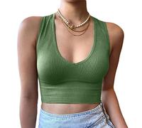 Minetom Femmes Débardeurs Sexy Court Tops Blouse Stretch Manche Court Slim Crop Top T-Shirt Uni Été Yoga Fitness Sport Haut A Vert S