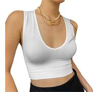 Minetom Femmes Débardeurs Sexy Court Tops Blouse Stretch Manche Court Slim Crop Top T-Shirt Uni Été Yoga Fitness Sport Haut A Blanc XL