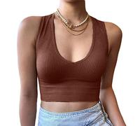 Minetom Femmes Débardeurs Sexy Court Tops Blouse Stretch Manche Court Slim Crop Top T-Shirt Uni Été Yoga Fitness Sport Haut A Marron XS