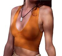Minetom Femmes Débardeurs Sexy Court Tops Blouse Stretch Manche Court Slim Crop Top T-Shirt Uni Été Yoga Fitness Sport Haut A Orange M