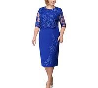 Minetom Femmes Dentelle à Fleurs Midi Robe Élégant Col Rond Bodycon Dress de Soirée Mariage Cocktail A Bleu 3XL